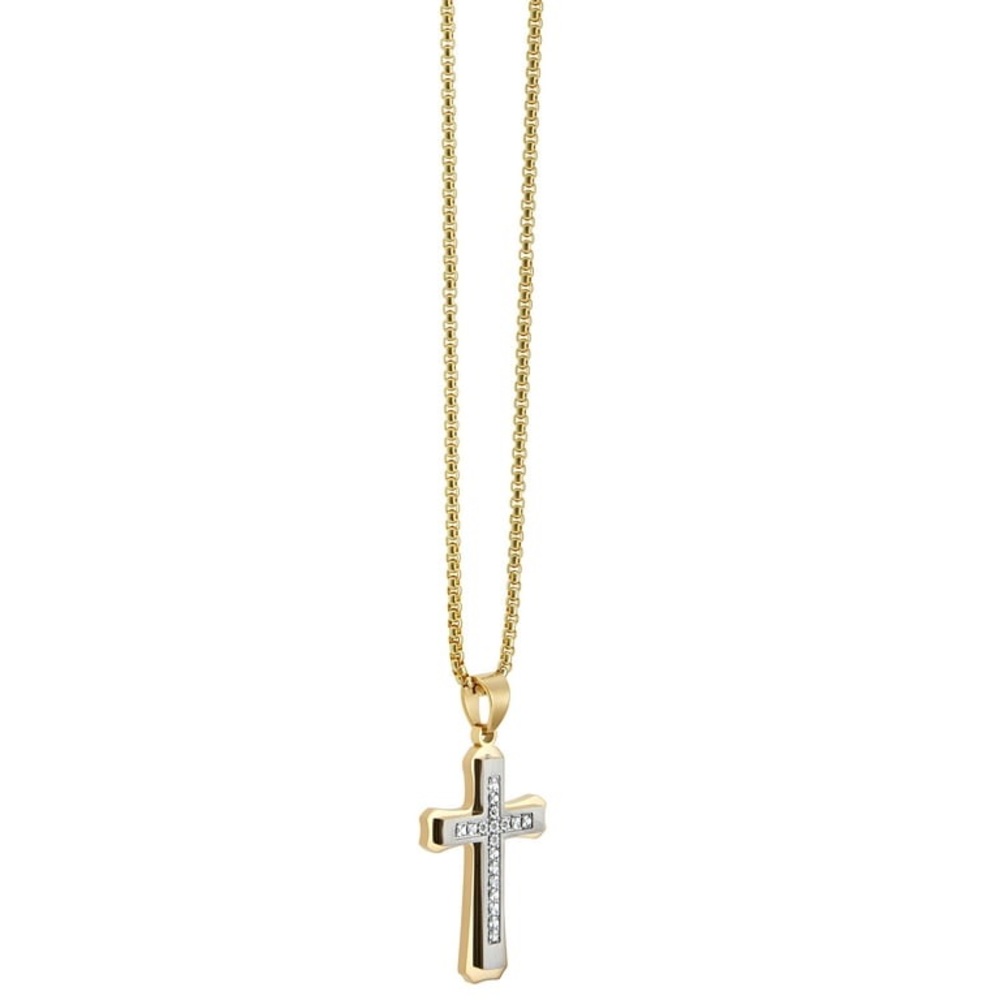 Mens 1/10 Carat Diamond Gold & Silver Stainless Steel Cross Pendant Necklace - Picture 3 of 5